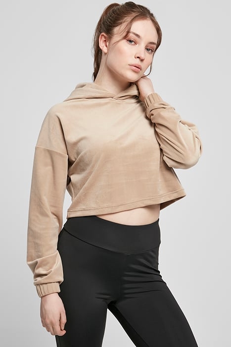 LADIES CROPPED VELVET OVERSIZED HOODY SOFTTAUPE 2