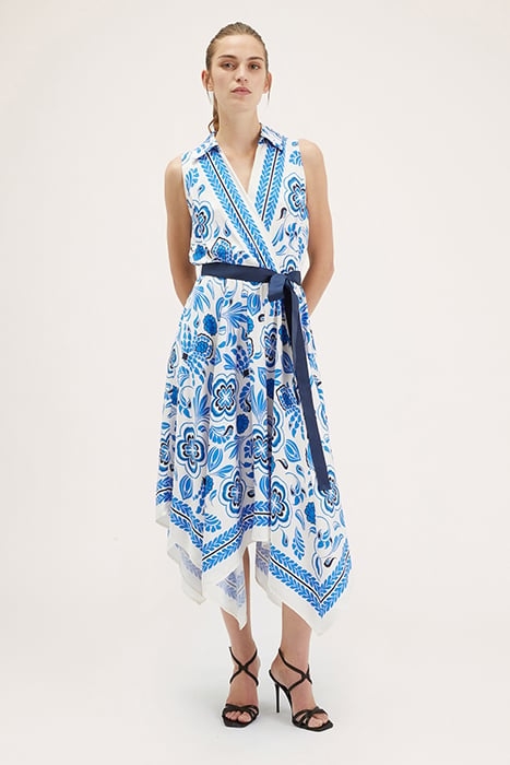 DRESS WITH SCARF PATTERN AND ASYMMETRICAL HEM BLUE 1