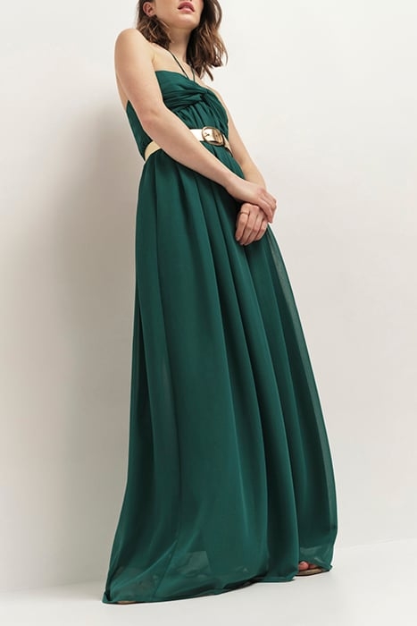 RHODES - LONG STRAPLESS RECYCLED JUNGLE GREEN DRESS WITH PLE 1