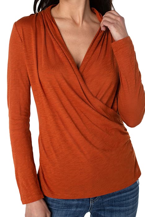 LONG SLEEVE WRAP FRONT SLUB KNIT TOP HENNA by Liverpool