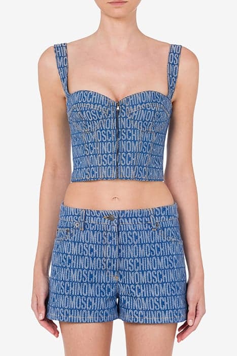 ALLOVER LOGO DENIM CROP TOP BLUE by Moschino