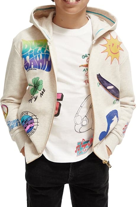 RELAXED FIT PLACED ARTWORK ZIP-THROUGH HOODIE ECRU MELANGE by Scotch & Soda