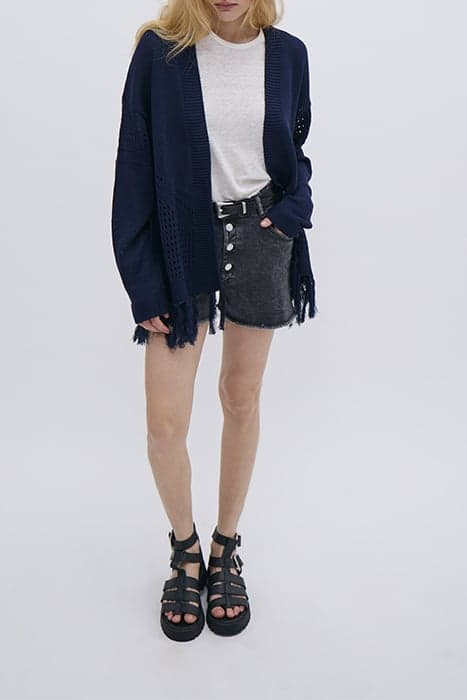 NAVY OPENWORK KNIT FRINGED CARDIGAN by IKKS