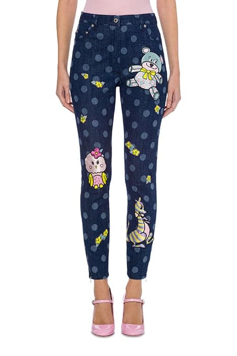 ANIMAL PATCH POLKA DOT DENIM TROUSERS BLUE by Moschino