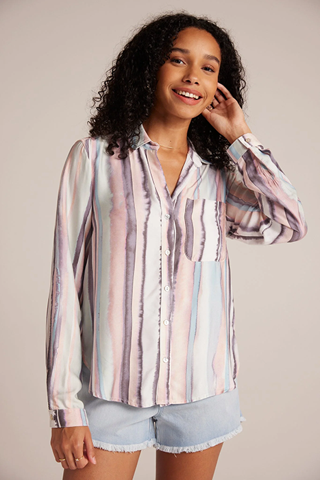 LONG SLEEVE ROUNDED HEM BUTTON DOWN COASTAL STRIPE PRINT by Bella Dahl