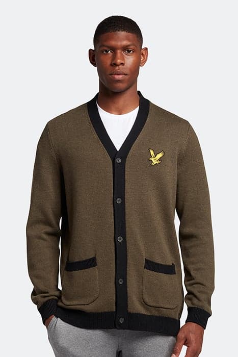 BLOCK MARL CARDIGAN OLIVE MARL/JET BLACK by Lyle & Scott