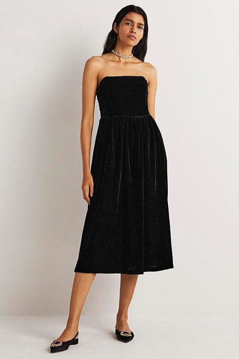 STRAPLESS VELVET MIDI DRESS BLK by Boden