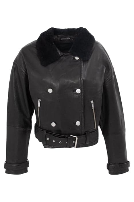 BLACK LEATHER JACKET WITH FAUX SHEEPSKIN COLLAR by IKKS