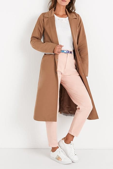 CARAMEL TRENCH COAT, GREY SWEATSHIRT FABRIC FACING by ICODE