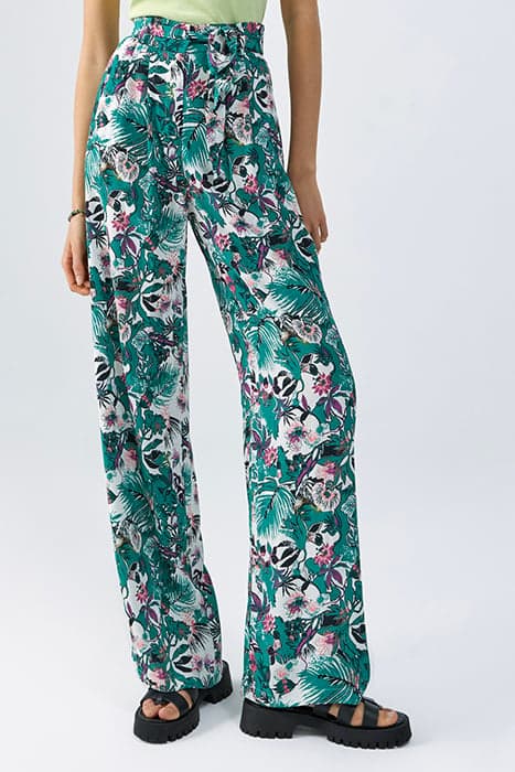 GREEN PLANT PRINT FLOWING WIDE-LEG TROUSERS by IKKS