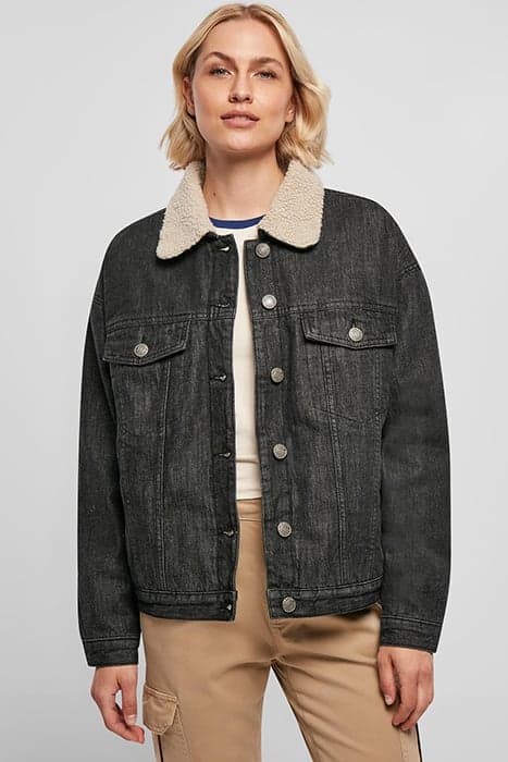 LADIES OVERSIZED SHERPA DENIM JACKET BLACK WASHED by Urban Classics