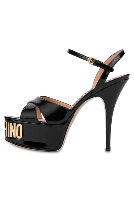 LETTERING LOGO PATENT LEATHER HIGH SANDALS BLACK by Moschino