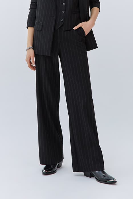 BLACK HIGH-WAIST WIDE-LEG PINSTRIPE TROUSERS by IKKS