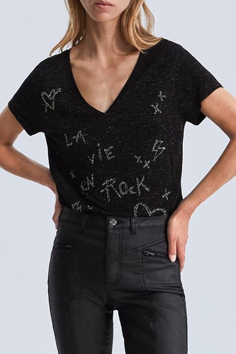 BLACK GLITTERY T-SHIRT, BEAD EMBROIDERY SLOGAN by IKKS