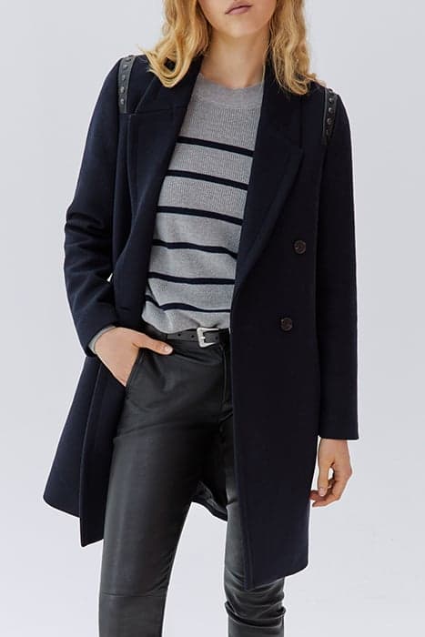 NAVY WOOL FABRIC STUDDED STRAIGHT COAT by IKKS