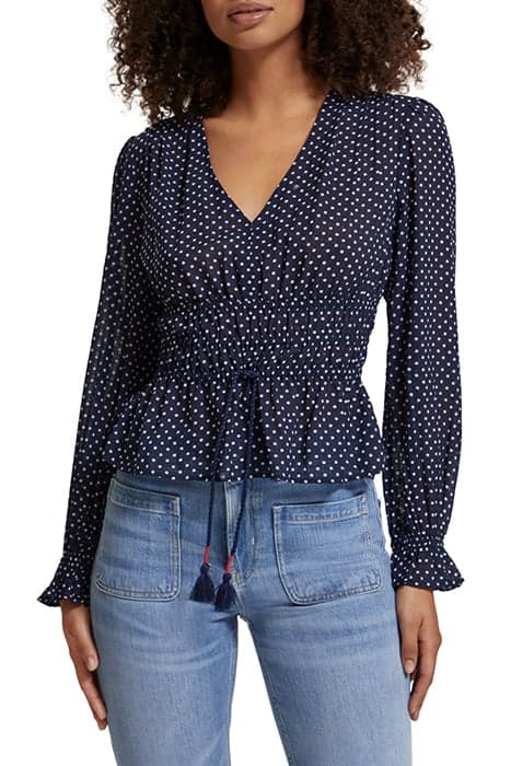 V-NECK TOP WITH ELASTIC WAIST POLKA NAVY BLUE by Scotch & Soda