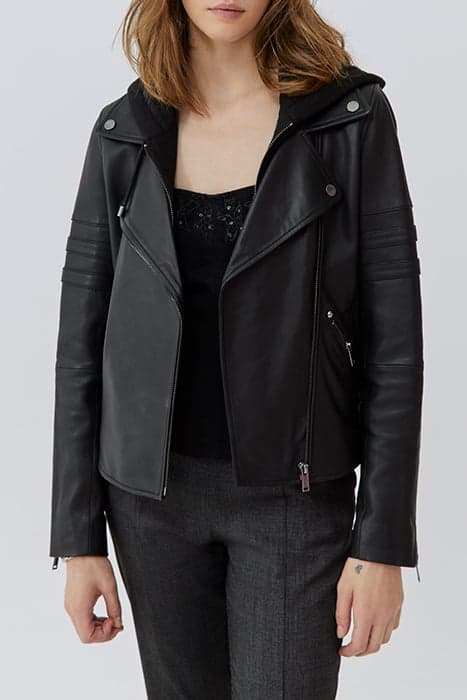 BLACK LEATHER BIKER-STYLE JACKET, ZIPPED FACING BLACK by IKKS