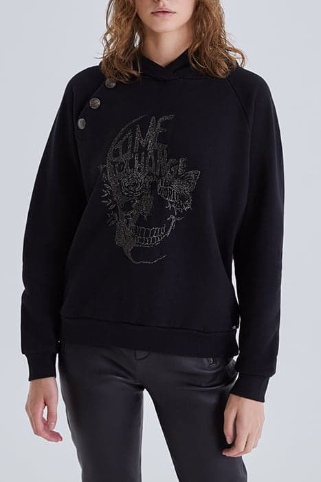 BLACK HOODIE WITH EMBROIDERED SKULL AND SLOGAN BLACK by IKKS