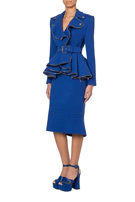 COUTURE BIKER CRÊPE JACKET WITH RUFFLES BLUE by Moschino