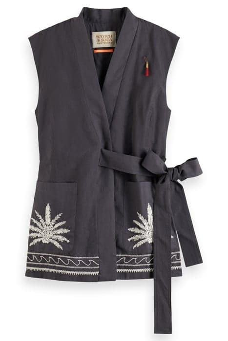 BELTED GILET WITH PALM EMBROIDERY ANTRA by Scotch & Soda