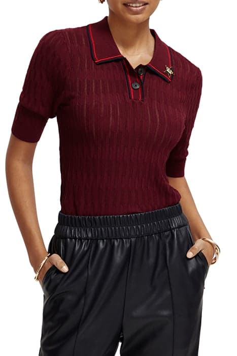 POINTELLE COLLARED KNITTED TEE BORDEAUX by Scotch & Soda