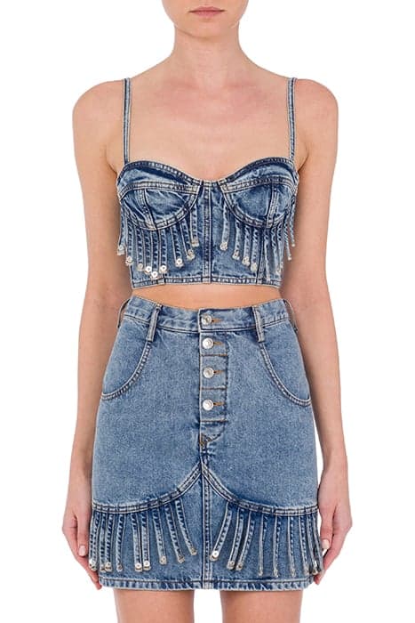 RECYCLED DENIM CROP TOP WITH FRINGES BLUE by Moschino