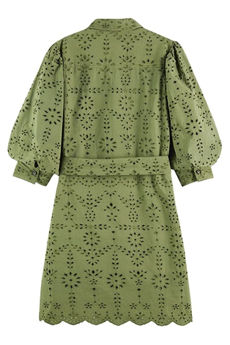 PUFF SLEEVE EMBROIDERED ORGANIC COTTON SHIRT DRESS OLIVE GRE 2