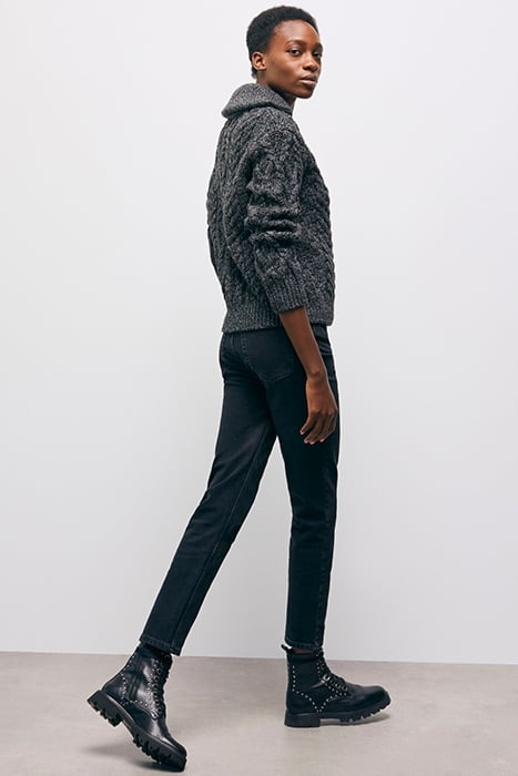 ZIP-UP TRUCK COLLAR SWEATER IN CABLE WOOL BLACK DARK GREY 5