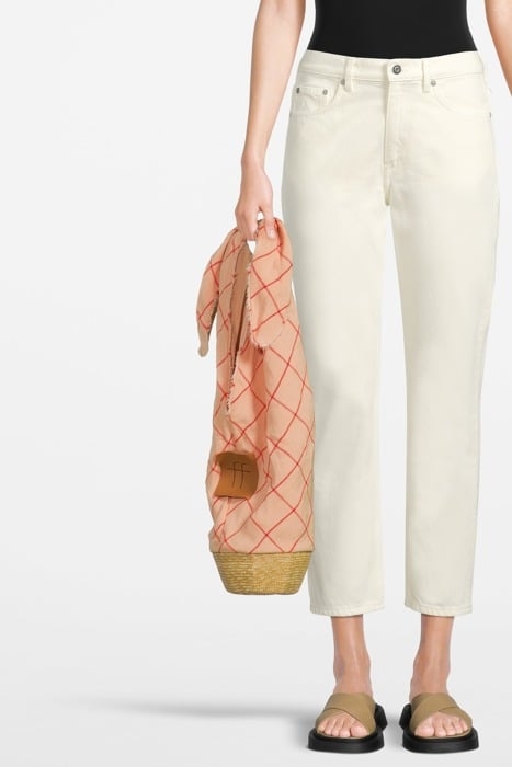 "HOLIDAY CHECK" LINEN AND STRAW BUCKET BAG RED 2