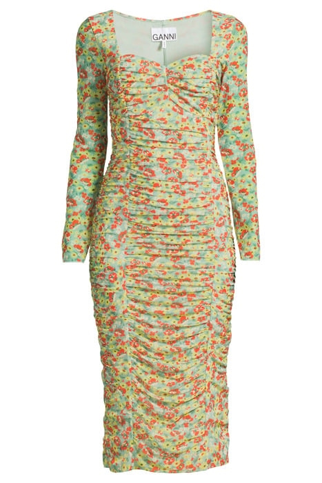 PRINTED MESH RUCHED MIDI DRESS MEADOW CELADON GREEN 3