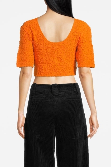 COTTON POPLIN O-NECK CROPPED SMOCK TOP VIBRANT ORANGE 2