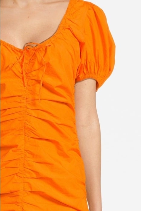 COTTON POPLIN GATHERED U-NECK MINI DRESS VIBRANT ORANGE 4