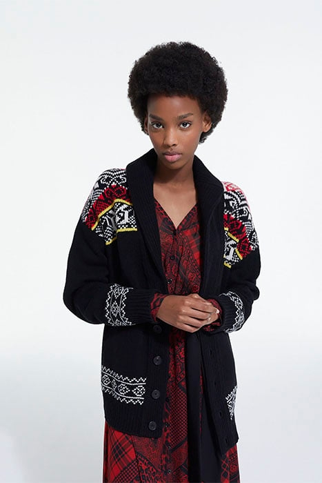 CARDGIGAN COL CHALE JACQUARD BLACK / RED / YELLOW 1