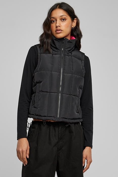 LADIES REVERSIBLE CROPPED PUFFER VEST BLACK/FUCHSIA 1