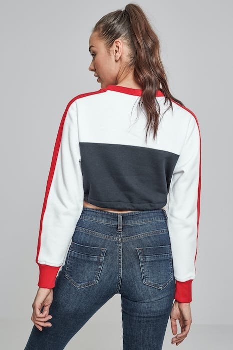 LADIES CROPPED 3-TONE STRIPE CREW NAVY/WHITE/FIRE RED 3