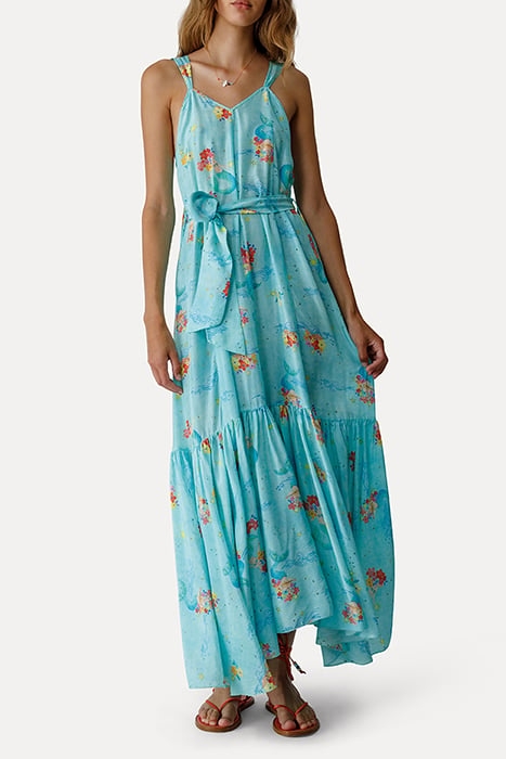 "THE MERMAIDS SONG" PRINT HABOTAI SILK STRAPS DRESS ACQUA 2