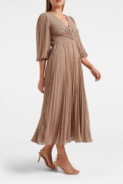 VIVIANA TWIST FRONT PLEATED MIDI DRESS CAMEL TILE GEO 4