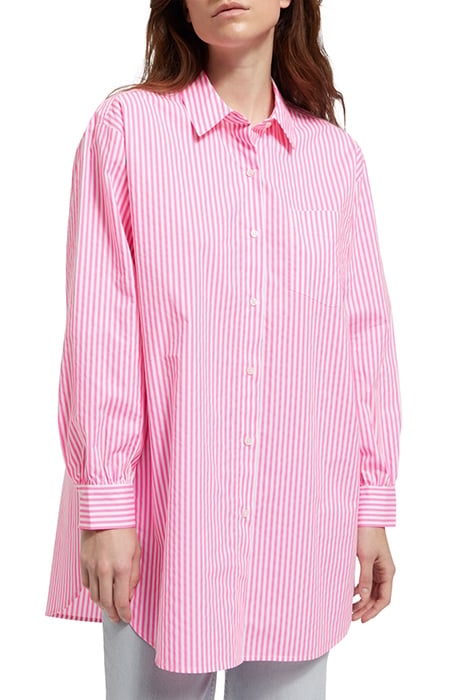 OVERSIZED POPLIN SHIRT IN FLUO PINK /WHITE STRIPE COMBO S 1