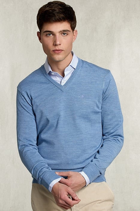 BASIC MERINO V-NECK PULLOVER DARK CHAMBRAY MIX BLUE 1