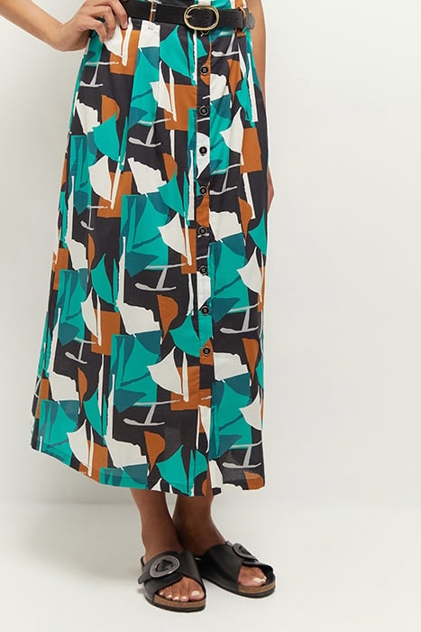 JUNE - LONG GREEN GRASS SKIRT WITH ARTY ABSTRACTION PRINT 1