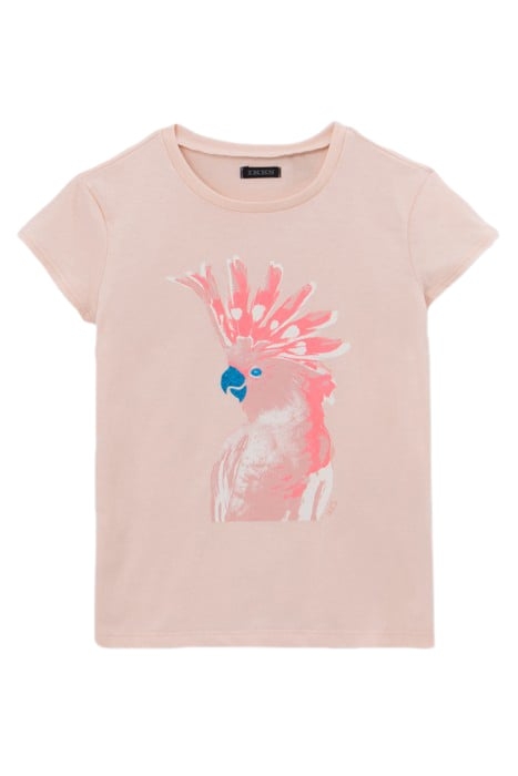 GIRLS’ PINK T-SHIRT WITH BLUE GLITTER PARROT IMAGE 1